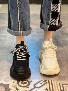 White Sport Shoes Womens 2025 Spring New Thick Bottom Running Dad Shoes Fashionable Casual Sneakers PU Leather round Toe