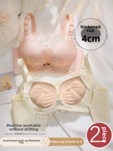 ผู้หญิง ลูกไม้ เสื้อชั้นในไม่มีห่วงเหล็ก หนาขึ้น รุ่นหน้าอกเล็ก ดูใหญ่ ผ้าไนลอน 4 ซม. คอวี สายรัดคู่แบบถอดได้