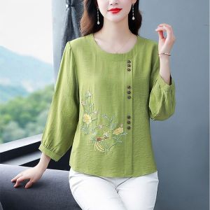 Áo Sơ Mi Nữ 3/4 tay cotton thêu cổ điển phiên bản Hàn Quốc Áo sơ mi dáng rộng lớn