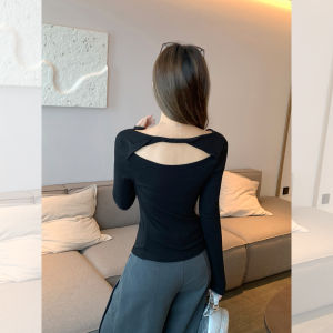 Elegant Knitted Long Sleeve Base Shirt Womens Gentle Style Slimming Top Design Sensation Autumn New Fashion Backless Bodycon T-shirt