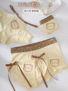 ผ้าฝ้าย ชุดชั้นในคู่รัก ผู้ชายผู้หญิง น่ารัก หมี โบว์ เน็คไทต่ํา เอว กางเกงบ็อกเซอร์รัดรูป สีครีม สีแบน กางเกงใน ชุดชั้นในเยาวชน