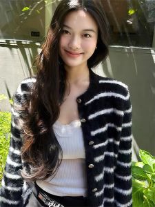 Retro Korean Striped Knit Sweater Coat Womens Loose Soft Autumn Fashion High Quality Long Sleeve round Neck Single Button