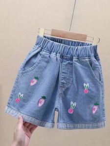 Girls High Waist Denim Shorts Casual Style Kids Outerwear Torn Hole Design Summer Thin Wide Leg Pants Breathable Cotton
