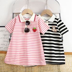 2025 New Childrens Dress Girls Summer Korean Edition Striped Strawberry lapel Casual Dress 1-10 Years Old