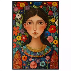 Tranh nghệ thuật cô gái dân tộc và hoa phong cách hiện đại trừu tượng.Tranh treo tường dán tường.CGI-893