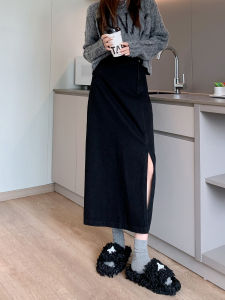 กระโปรงยีนส์ทรงเอเอวสูงสีดำไม่สมมาตรสำหรับผู้หญิง กระโปรงทรงเอยาวคลุมสะโพก ฤดูใบไม้ผลิและฤดูใบไม้ร่วง 2025 ใหม่