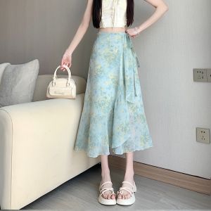 High Waist Ruffled Irregular Floral Printing Spaghetti Strap Fish Tail Long Skirt