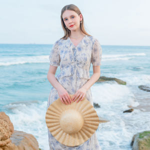 Lagogo Summer 2024 Irregular Hem Floral Print Chiffon Dress Womens High Waist Bubble Sleeve V-Neck Gored Skirt Elegant Ladylike