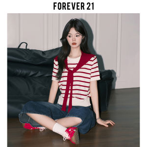 Forever21 Korean Style Chic Red Stripe Short Sleeve T-Shirt Women Summer College Style Age Reduction Shoulder Shawl Layered Top