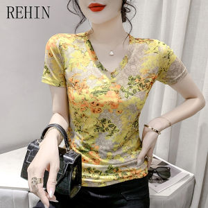 REHIN Summer Fashion Mesh Floral Printed Short Sleeve V-neck T-shirt Slim Fit Trendy Womens Top
