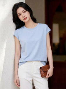 Basic House | Women Summer Blue Mulberry Silk Swing Sleeve Round Neck T-Shirt