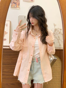 เสื้อเชิ้ตแขนยาวลายทางสีชมพู ทรงหลวม ทรงเกาหลี ผ้าโพลีเอสเตอร์ 100% สำหรับผู้หญิง อายุ 18-24 ปี ฤดูร้อน 2023