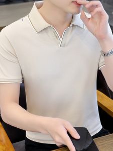 ROMON | Lormen Mens Ice Silk Short Sleeve Polo Shirt Summer Business Casual V-neck Quick Dry Top Fashionable Urban Style Cotton Blend