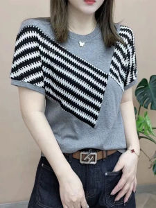 Fashion Pure Cotton Patchwork Stripes T-Shirt Womens Clothing 2024 Summer New Arrival Easiest for Match Western Style Slimming Short Sleeve round Neck Top