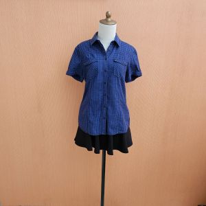 atasan kemeja wanita birel biru elektrik motif kotak hitam BOSSINI cewek L lengan pendek MEWAH kerja kuliah