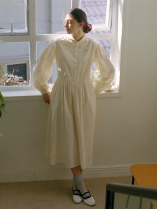 Mintcheese French Vintage Elegant Dress with Fun Bow Knot Embroidery Cheese Yellow Gentlewoman Style Long Sleeve Cotton Dress