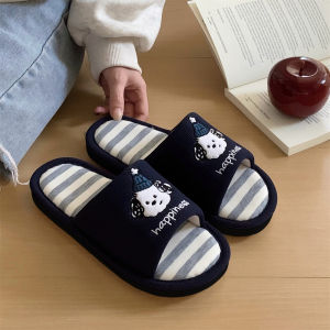 Indoor Cotton Linen Slippers Anti-Slip Sweat Absorbent Men Women Spring Summer Cute Dog Couple Stripe Home Slippers