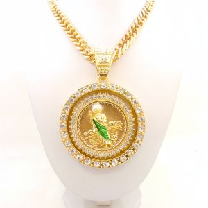 14K Gold-Plated St. Jude Virgin Mary Coin Pendant Necklace with Rotating Wheel Hip-Hop Style Cuban Chain Jewelry