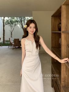 Spring 2024 Korean Design Neck Hanging Irregular Sleeveless Dress French Elegance Waist Cinched Long Dress Commute Style V Neck