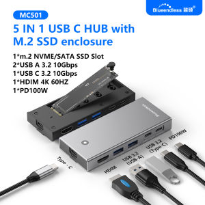 Blueendless | Blueendless M2 Sata/NVMe SSD Enclosure USB C Hub Laptop Docking Station 4K 60Hz HDMI-Com USB3.2 10Gbps PD100W SD/TF SSD Case