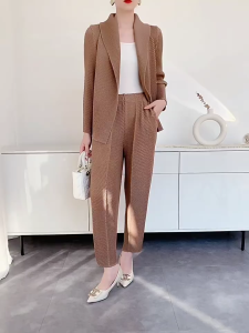 KESHANGYI Simple Womens Two Pieces Set Dragon Scale Long Sleeve Notched Blazer And Elastic Waist Straight Pants