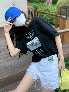 Womens Ulzzang Street Hip-hop Casual T-shirt Top American Retro Literary Style Letter Printing Universal Oversize Shirt