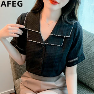 AFEG new Korean version double collar fashion loose all match quality chiffon short-sleeved blouse