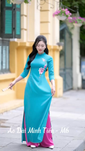 Áo Dài Lụa Mỹ Cao Cấp Họa Tiết Thêu Thủ Công Tỉ Mỉ - Mã M6 Màu Xanh
