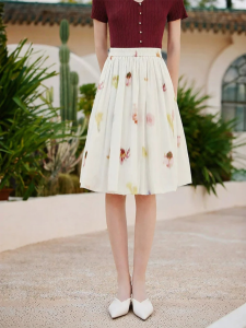 XIANGYING | White Print Cotton Skirt Midlength High Waist