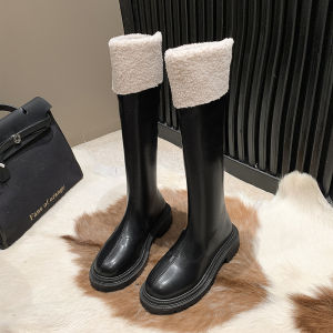 Womens Lamb Fur Lined High Top Booties 2023 Autumn Winter Thick Bottom High Tube Knight Boots FashionableSlimming Snow Boots