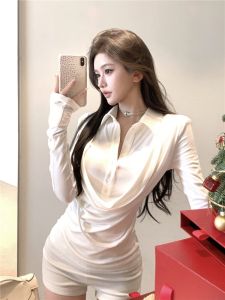 GUZILIAN | Slim Fit Long Sleeve T-Shirt Women Spring Autumn New Style Pleated Waist Cinching Collar Stand Up Top Casual Style Polyester Fiber
