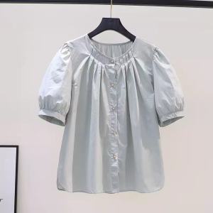 Yao Kexin Thương Hiệu Giảm Giá Thời Trang Mùa Hè Áo Sơ Mi Cotton Nữ Dáng Rộng Bong Bóng Tay Sơ Mi Đa Năng Hàng Đầu Thiết Kế Cổ Tròn