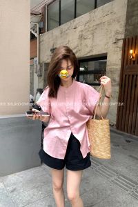 Áo Sơ Mi Vải Lanh Cotton Tay Ngắn Thoáng Khí Mùa Hè Phong Cách Pháp Mới 2025 Dành Cho Nữ Áo Sơ Mi Dài Thường Ngày Màu Trơn