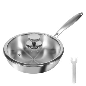 26CM Wok Pan with Clear Glass Lid 304 Stainless Steel Uncoated Cooking Pan Even Heating Stir-Frying Pan Kitchen Cookware