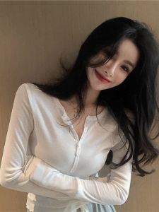 Áo Thun Cổ Chữ V Dài Tay Màu Trắng Thời Trang Xuân Thu Cho Nữ Áo Lót Ôm Vừa Vặn Áo Thun Cotton Pha Trộn Áo Thun Thường Ngày