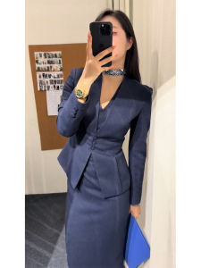 Blue Suit Waist-Cinching Dress Set Formal Autumn Winter High Waist Korean Style Commute Pure Color Button Detail A-Line Skirt