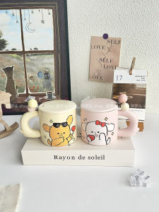Cute Ceramic Mugs Couple Water Cups with Lid Spoon Valentines Day Gift Womens Style High Aesthetic Value Cartoon Design