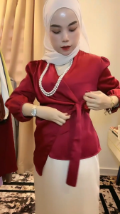 Ladies silk shirt with V-neck and cinched waist design crossed straps lantern style half sleeves elegant and classic fashion top