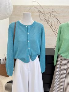 Light Blue Knitted Short Sleeve Ice Silk Open Cardigan round Neck Thin Shawl Womens Summer Air Conditioning Outerwear