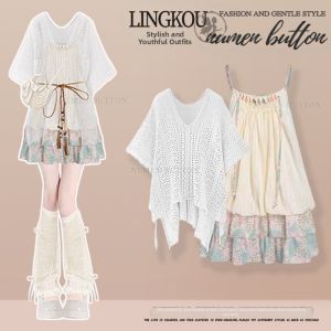 NUMEN BUTTON | Plus Size Boho Hollow Out Top and Short Strap Dress Set