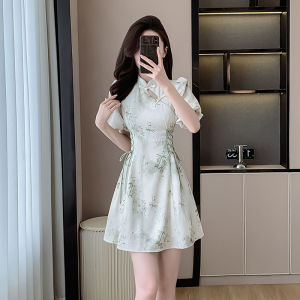 Summer Ink Painting Improved Cheongsam New Chinese Style Chinese Style Buckle Chiffon Dress Puff Sleeves Drawstring A- line Skirt