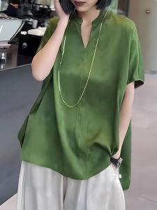 UYFY | Elegant V-neck Short Sleeve Embroidered T-shirt Womens Loose Fit Summer New Style Plus Size Slimming High-end Feeling Top