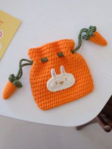 Hand Knitted Orange Carrot Rabbit Clutch Bag Lipstick Storage Drawstring Earphone Bag Creative Gift Japanese Style Festival Supplies