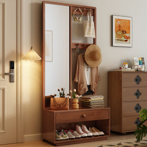Solid Wood Integrated Bedroom Entrance Hall Multi-Function Storage Rack Coat Stand Shoe Bench Dressing Mirror Combination