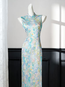 Sleeveless Chinese Style Floral Waist-Cinching Cheongsam Dress