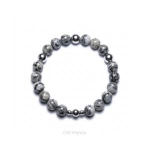 CW Manila - ER0S Stretch Bracelet- 8mm Map Jasper Stone with Silver Hematite - Semi-precious Stretch Bracelets