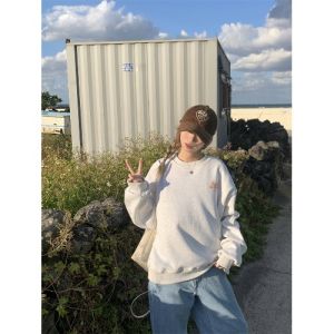 เสื้อสเวตเตอร์คอกลมแขนยาวหลวมๆ สไตล์เกาหลีสำหรับผู้หญิง ฤดูใบไม้ร่วง/ฤดูหนาว เสื้อผ้าทำงานแบบลำลอง แฟชั่นลำลอง