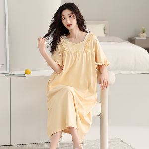 Miiow | Cat Lady Summer Sleep Dress Thin Pure Cotton Short Sleeve Midi Dress Fresh Princess Style Womens Nightgown Home Clothes