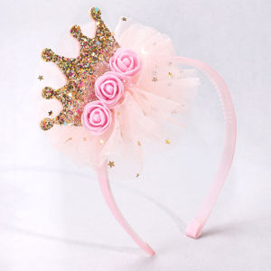 1pc Pink Mesh Gold Crown Headband with 3 Pink Flowers Lovely Cute Shiny Birthday Crown Tiara for Girls Kids Hairband