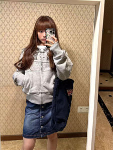 Retro Korean Zipper Hoodie Womens Spring Autumn Open Cardigan Loose Bear Heart Design Casual Outerwear Trendy Streetwear